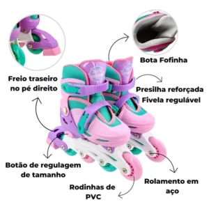 Patins Infantil Feminino 2 Em 1 Inline Triline +kit Protecao