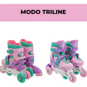 Patins Infantil Feminino 2 Em 1 Inline Triline +kit Protecao