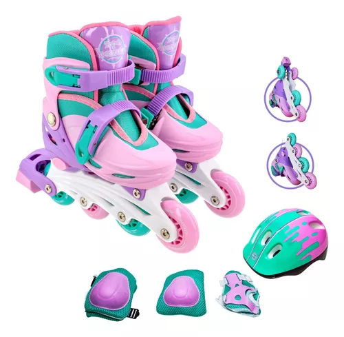 Patins Infantil Feminino 2 Em 1 Inline Triline +kit Protecao