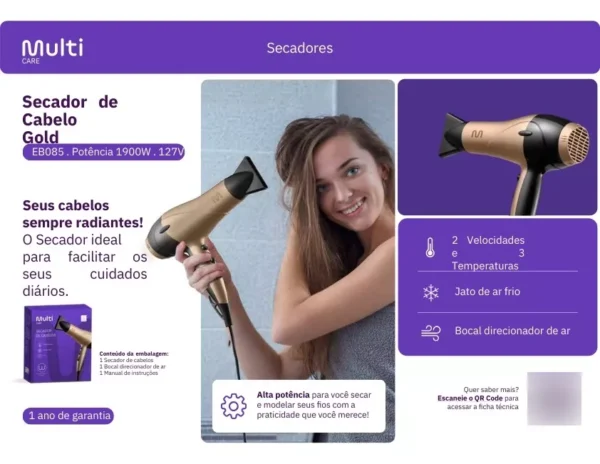 Secador De Cabelo Gold Multi 127v 1900w 2 Veloc 3 Temperat - Imagem 2