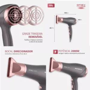 Secador De Cabelo Com Difusor Mondial Grey Rose 2000w
