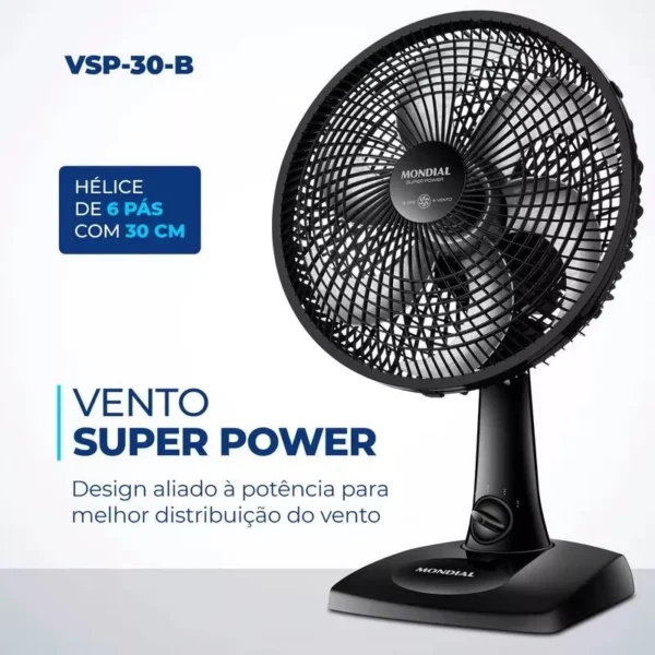 Ventilador De Mesa Super Power Vsp-30-b 30cm 6 Pás Mondial Cor da estrutura Preto Cor das pás Prata 127V - Image 2