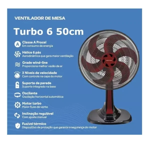 Ventilador de mesa Ventisol Ventilador De Mesa Turbo VOM50 preto com 6 pás cor vermelho, 50 cm de diâmetro 60 Hz 220 V - Image 4