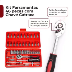 Maleta Jogo Catraca Soquete Aço Crv 1/4 Chave Allen 46 Peças