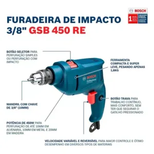 Furadeira Industrial Impacto Rev 450w Gsb 450 Re Bosch + Kit