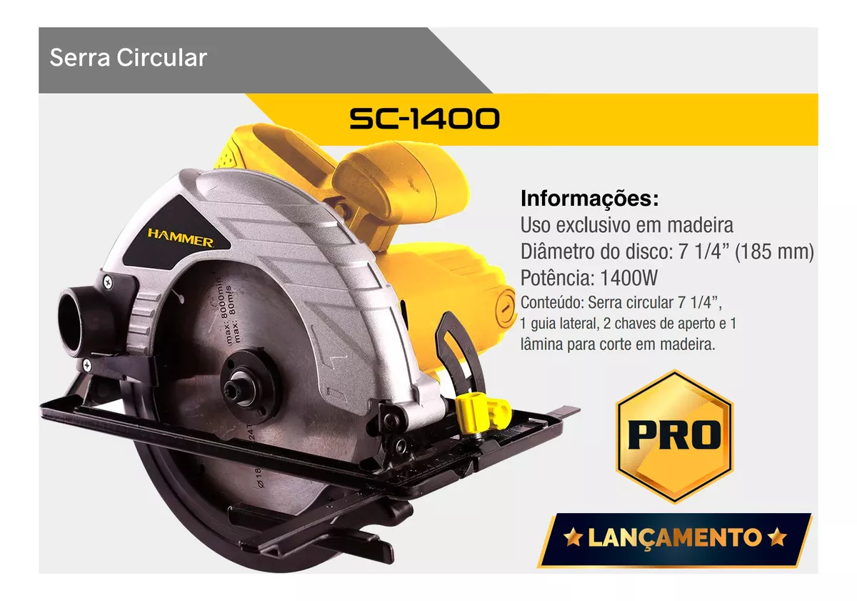 Serra Circular Profissional 7-1/4 Pol. 1400w Com Disco Cor Amarelo Frequência 60Hz 110V
