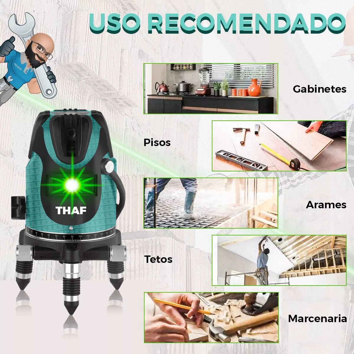 Nível Laser Arita 05 Linhas Luz Verde Recarregável Auto Nivelamento Com Tripé