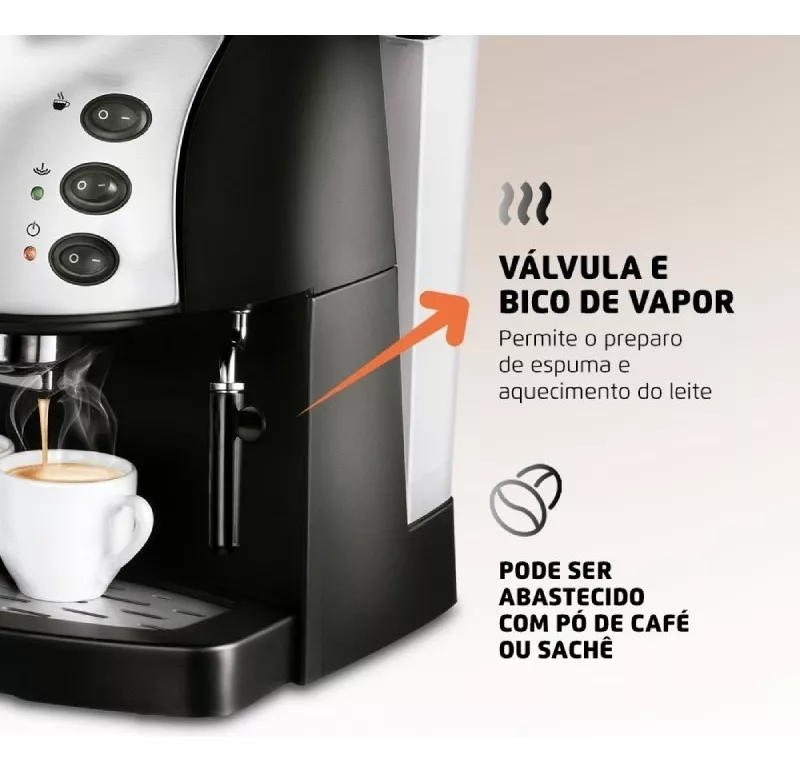 Máquina de Café Expresso Coffee Cream Premium C-08 Preta e Prateada Mondial 120V