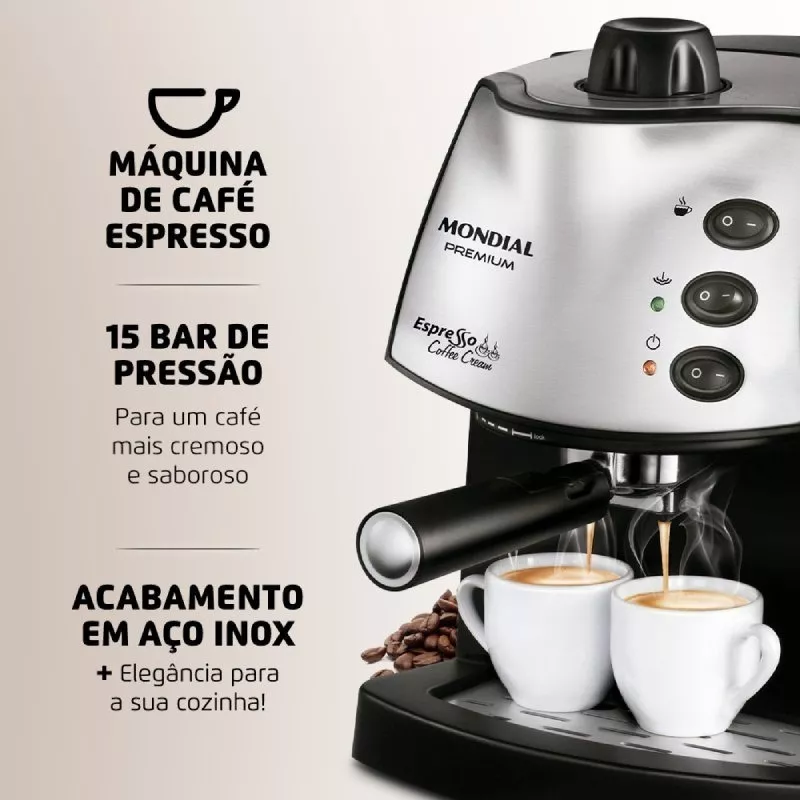 Máquina de Café Expresso Coffee Cream Premium C-08 Preta e Prateada Mondial 120V