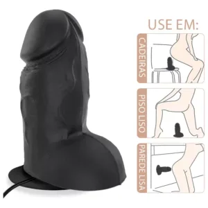 Pênis Com Escroto, Ventosa E Vibrador Mozinho 15 X 7cm Preto