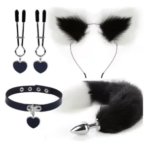 Kit Fantasia Plug Anal Cauda Grampo Tiara Colar Preta Branco